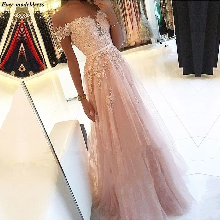 

Pink 2019 Prom Dresses Long A-Line Off Shoulder Lace Appliques Beaded Button Back Cheap Formal Party Gowns Vestidos De Festa