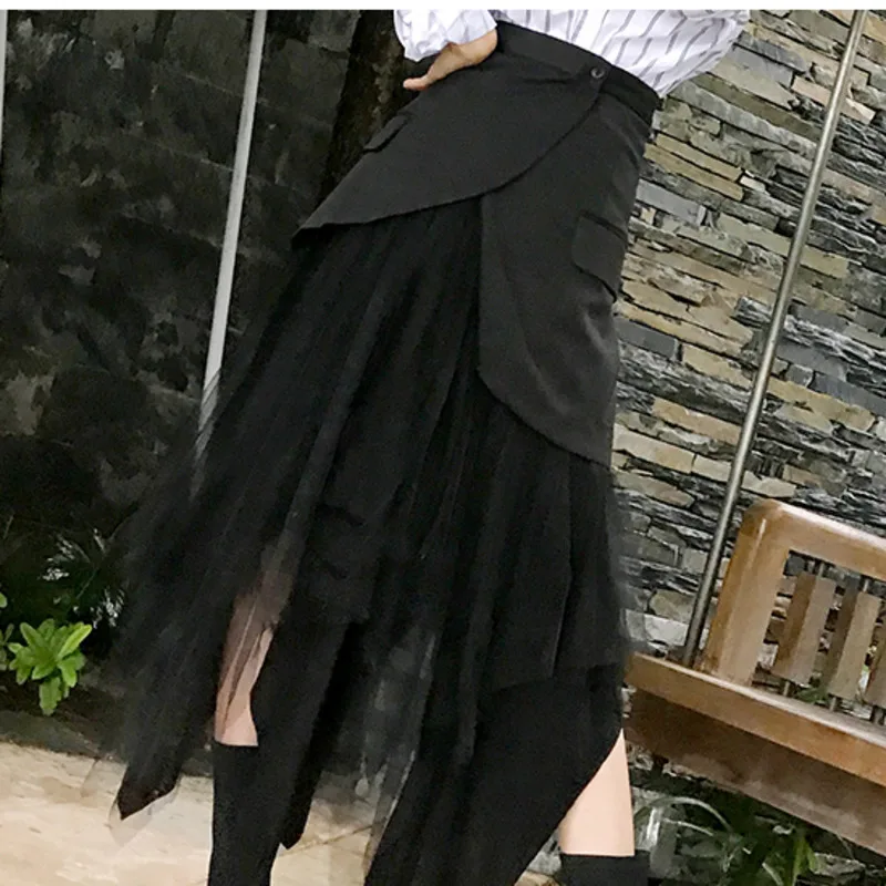 

LANMREM 2019 Fashion New Irregular Fake Two-piece Multi-layered Mesh Black Skirt All-match Female's Bottom YF06401