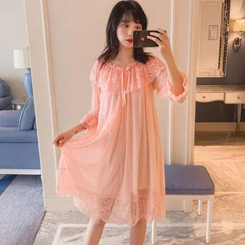 

Women's Nightgown Autumn Nightdress Summer Sleepshirts Chiffon Lace Trimming Nightshirt Home Clothes