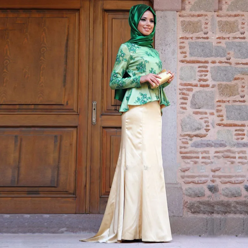 Hot Sale Green Muslim Evening Dress Saudi Arabia With Tassel Long font b Hijab b font