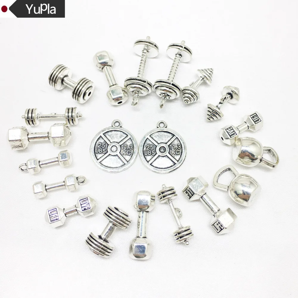 

20pcs/lot Silver Mixed Sports Equipment Charms Pendants Collection-Tags Kettle Bell Dumbbell Barbell Weight, Perfect Necklace