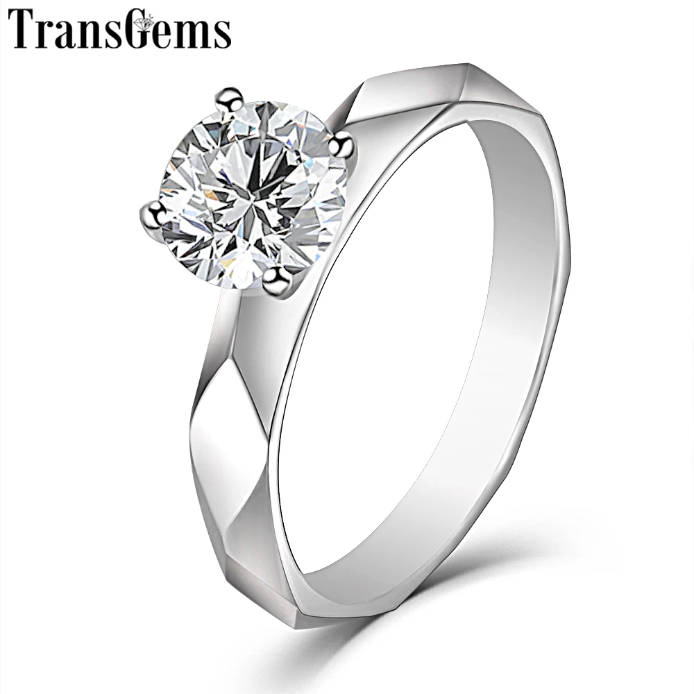 

TransGems 14K White Gold Solitaire 1ct 6.5mm F Color Moissanite Engagement Ring for Women Wedding Gold Ladies Ring