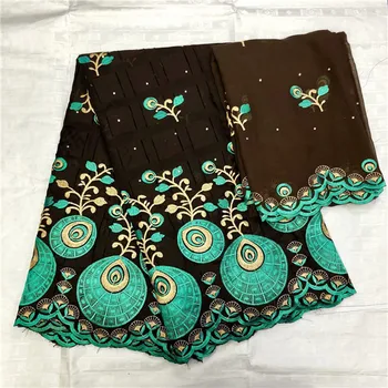 

Pretty coffee African cotton lace fabric and 2Y Swiss voile scarf lace material for making dress set OCV8(5+2y)