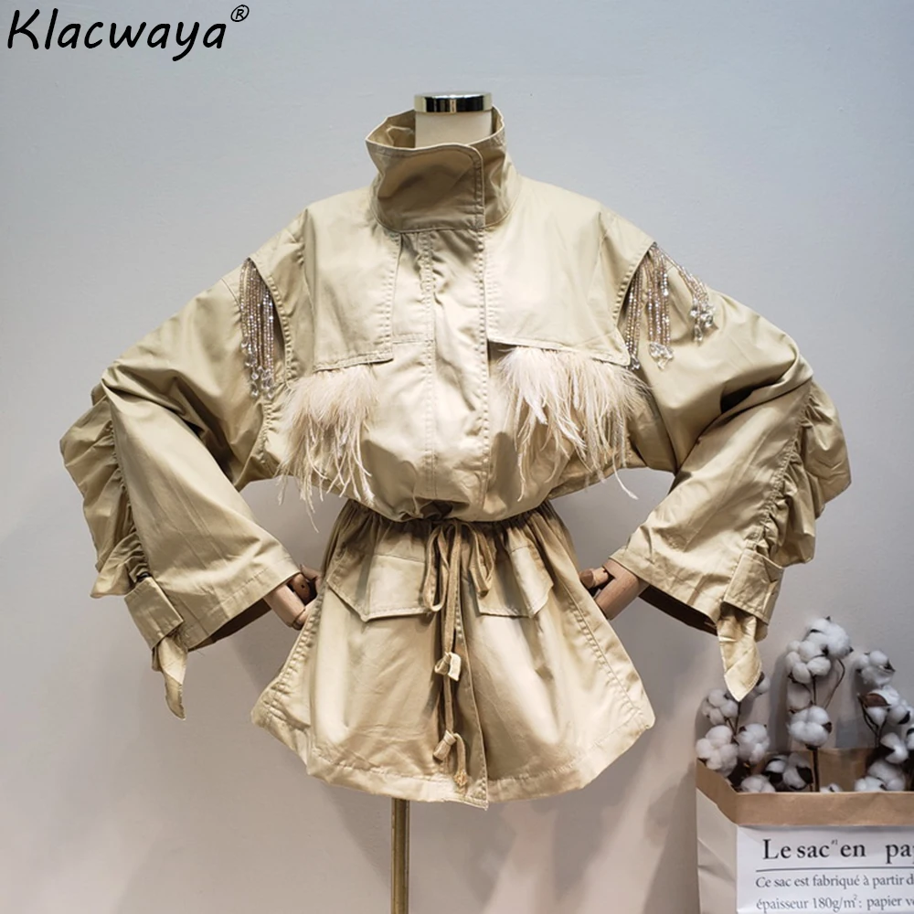 

Klacwaya niche style women beading ruffles coats ladies Thailand ostrich feather slim jackets girls street-wear oversize coat
