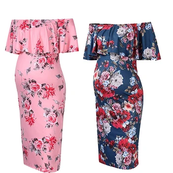 

Summer Fashion Women Casual Maternity Dress Ruffle Off Shoulder Sleeveless Floral Print Slim Bodycon Mini Dress Vestido gravida