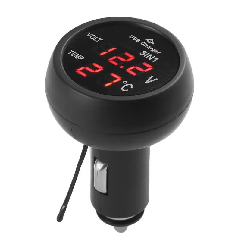 3 in 1 12/24V Car Auto LED Digital Voltmeter Gauge+Thermometer+USB