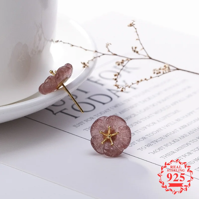 

NOT FAKE S925 Fine Jewelry Earrings Strawberry Quartz Women Natural Exquisite stud pink flower
