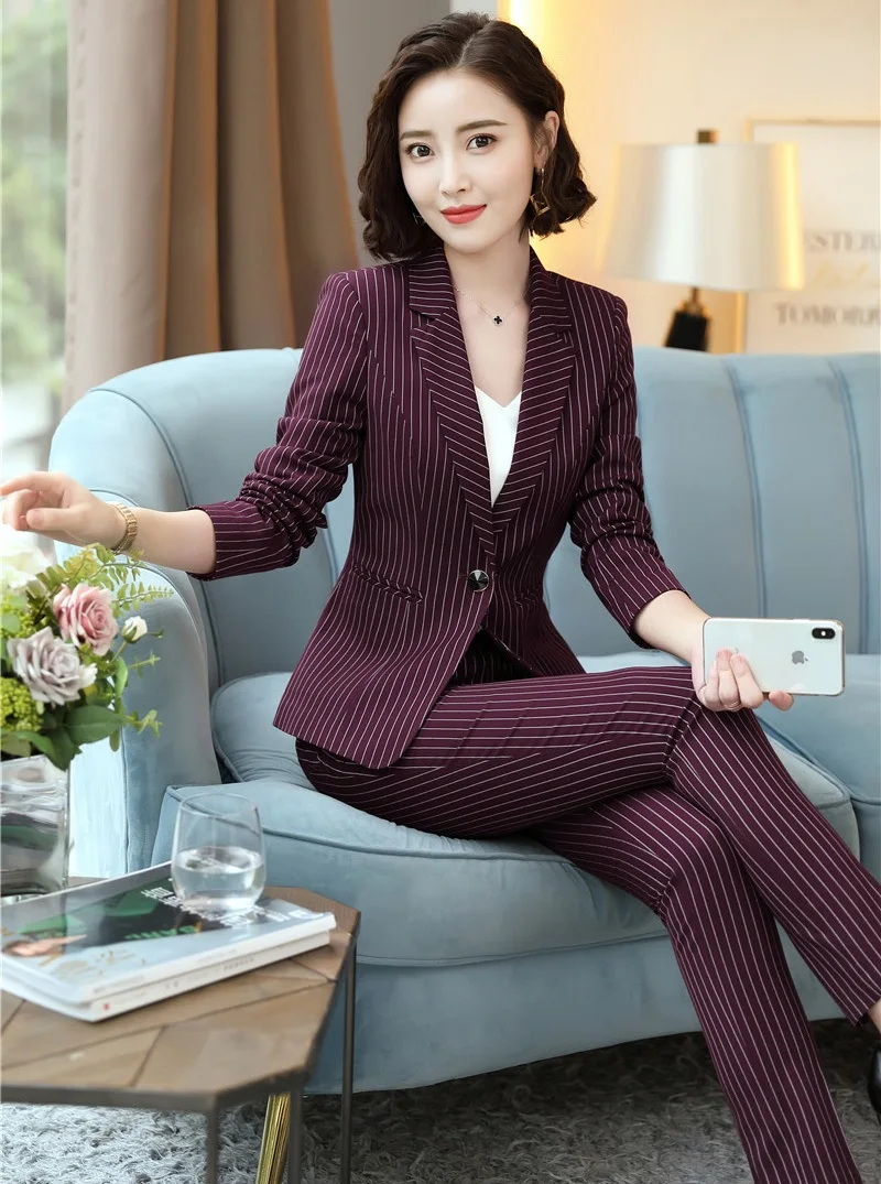 

Fashion Striped 2018 Autumn Winter Business Suits With Jackets And Pants OL Styles Ladies Formal Professional Pantsuits Blazers