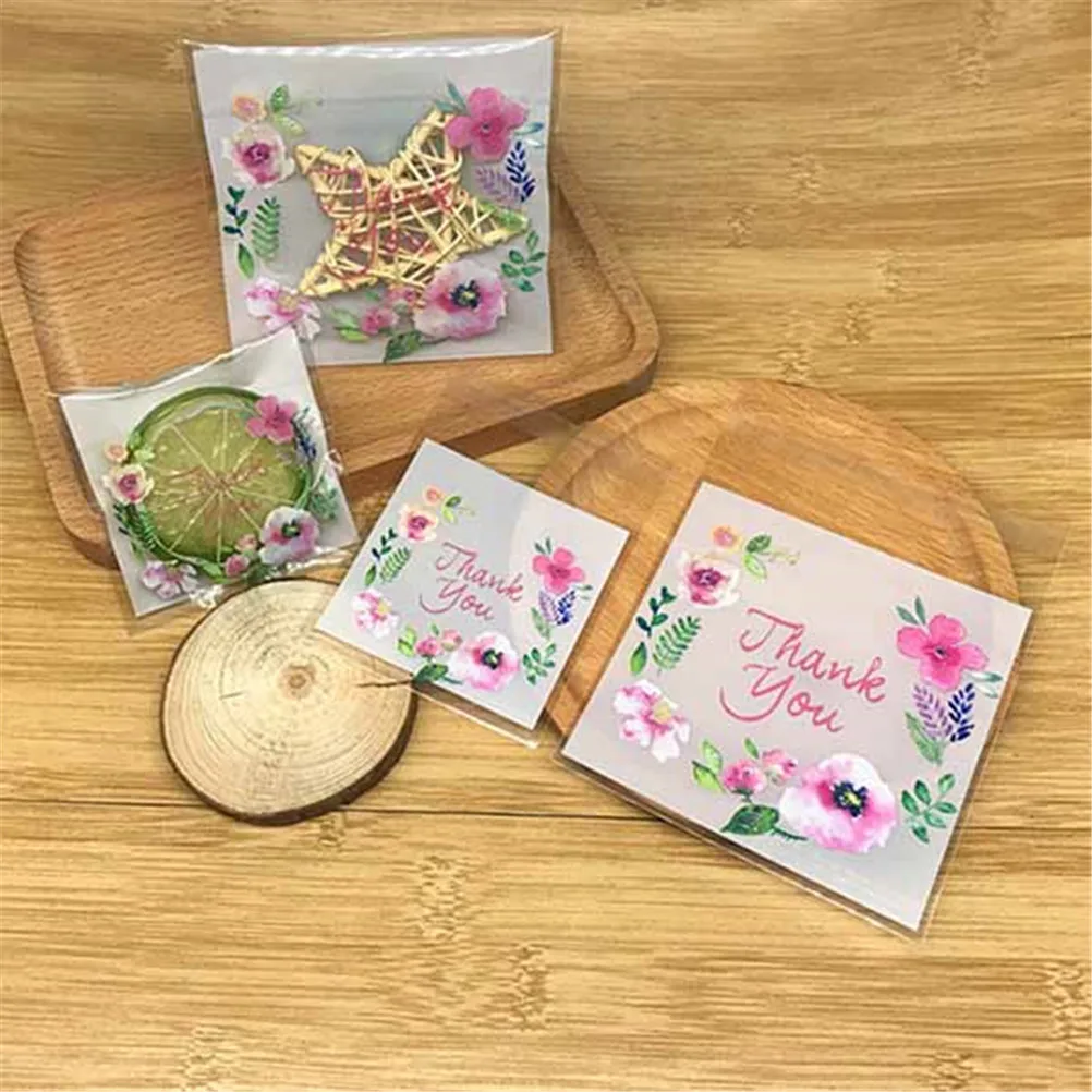 

7*7*3cm,10*10*3cm,14*14*3cm Thank You Flower Pattern Self Adhesive Cookie Plastic Bags Wedding Candy Snack Food Packaging Bags