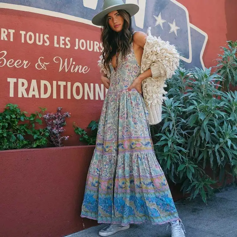 

Vintage summer dress floral peacock print high splits buttons down sleeveless maxi women hippie boho beach party dress 2019