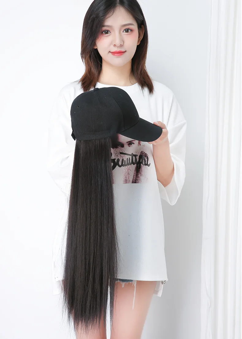 Парик женский длинные волосы мода утка язык шляпа парик все-в-одном женский летний сетчатый красно-черный длинный прямой натуральный полный комплект головы