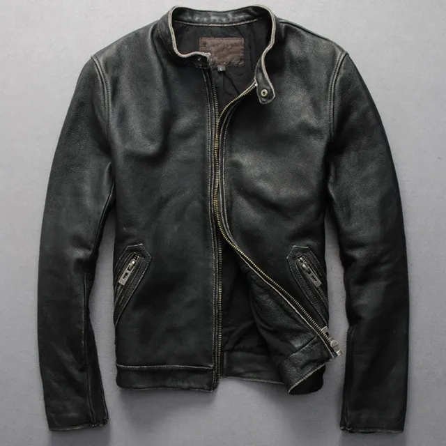 2017 men's Vintage genuine leather jacket Mandarin collar