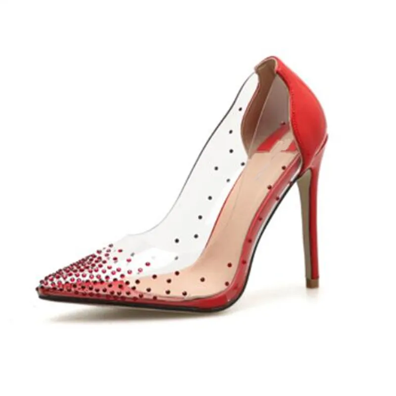 New autumn women shoes Pointed Toe Rivet shoes Sexy Gladiator nightclub pumps Plus Size 35-40 Transparent diamondl shoes