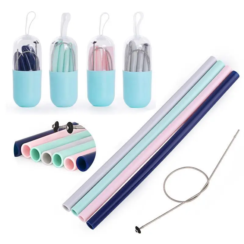 

3Pcs/set Silicone Straws Reuseable Straw Portable Collapsible Drinking Straw Set with Brush Storage Box For Travel Office Drink