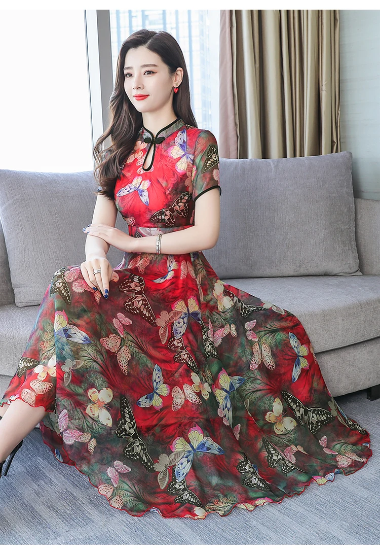 Летнее шифоновое платье миди в винтажном китайском стиле с цветочным принтом, 3XL, плюс размер, сарафан с принтом, женское элегантное облегающее платье для вечеринки, Vestidos