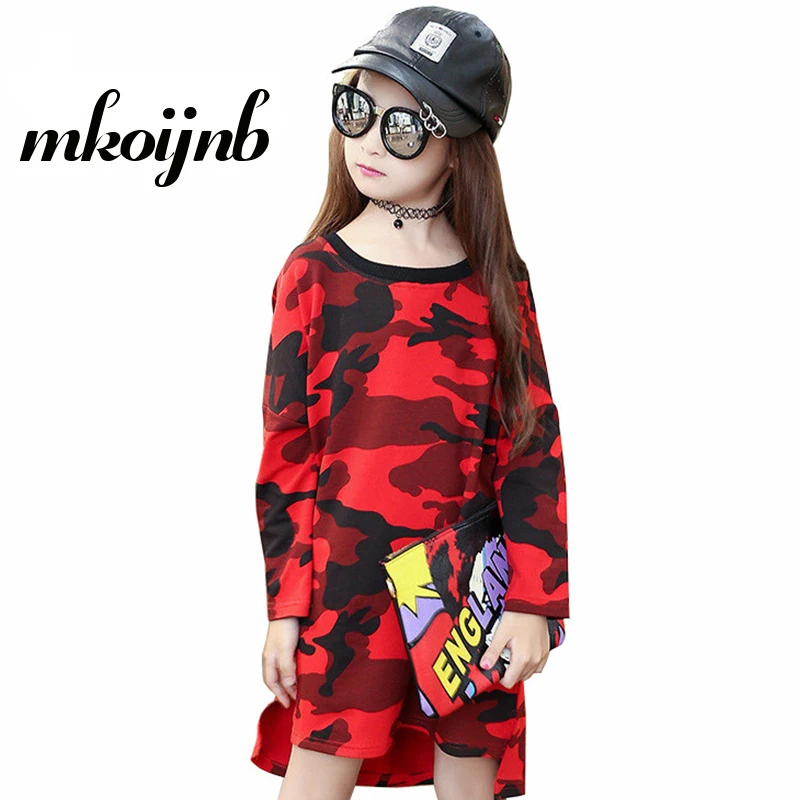 

Girls Camouflage Dress Kids Cotton T-Shirt Long Sleeve Tee Spring Autumn Teen Girls Dress For 4 6 8 10 12 Years Children Clothes