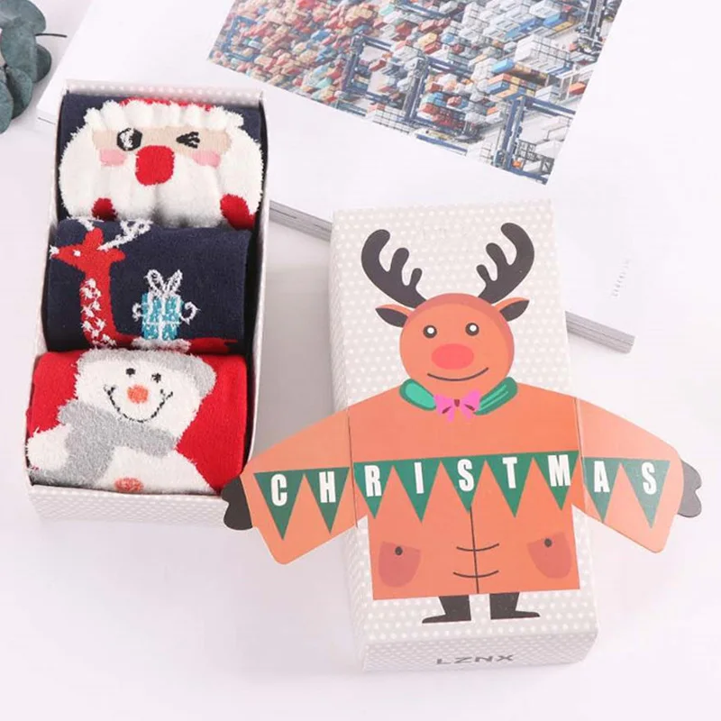 La MaxPa 3pairs/box Women Socks Cartoon Christmas Santa Claus Elk Funny Women Socks Winter Warm New Year Christmas Gift k2057