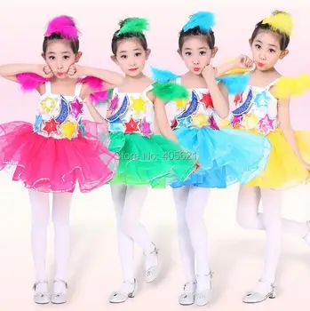 

2020 New Stars Moon sequins feathers shoulder ballet latin veil tutu dress Children's Dancewear Girls Performance stage costume