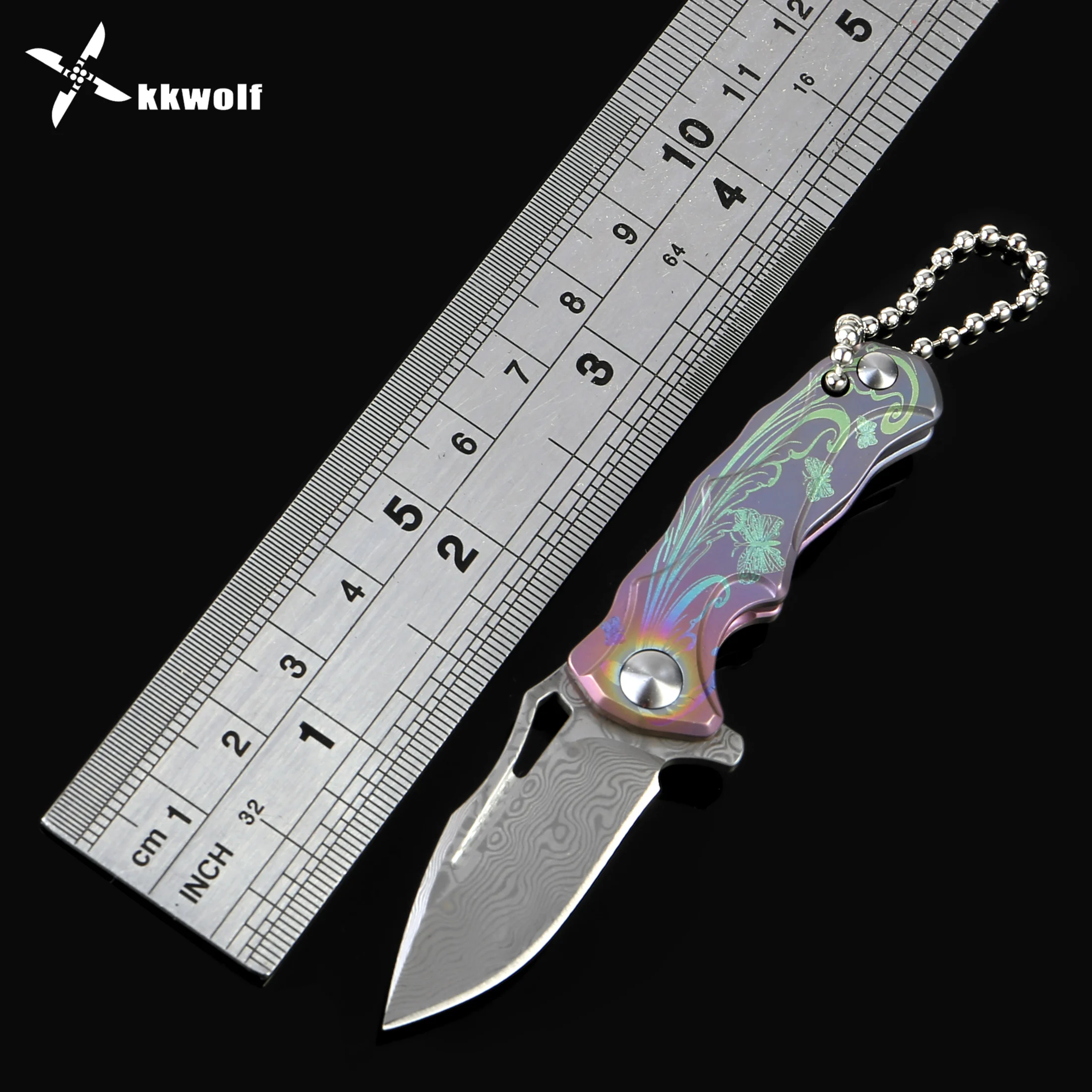 

KKWOLF Damascus steel outdoor self-defense knife mini pocket folding pocket knife EDC tool daily portable key chain gift knife