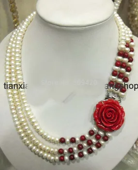 

Women Gift word Love women Fashion Jewelry Free Shipping >>>>7-8mm White Freshwater Pearl Red Coral Necklace 3row flower Clasp