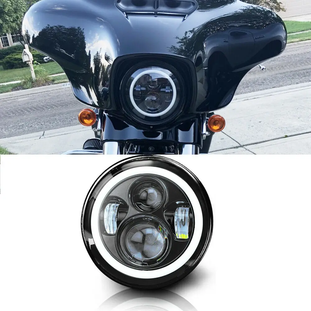 

60W 7Inch Round Running LED Headlight Light Motorcycle Projector Hi/Lo Beam Bulb Halo ANGLE EYES For Harley & Jeep Wrangler JK
