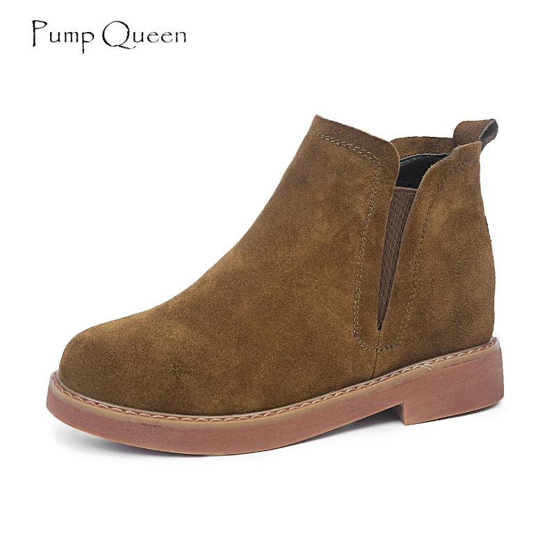 

PumpQueen Cow Suede Boots Women Ankle Boots Wedge High Increasing 2018 Autumn Low Heel Casual Ladies Shoes Booties Zapatos Mujer