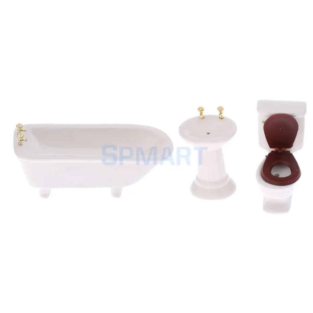 3Pcs 1/12 Scale Dollhouse Miniature White Ceramic Bathroom Bathtub Set Furniture Decoration Dolls Accessory Pretend Play Toys