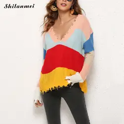 Многоцветный заблокирован полосатый для женщин свитер Осень Глубокий V средства ухода за кожей Шеи кисточкой трикотажные пуловеры для