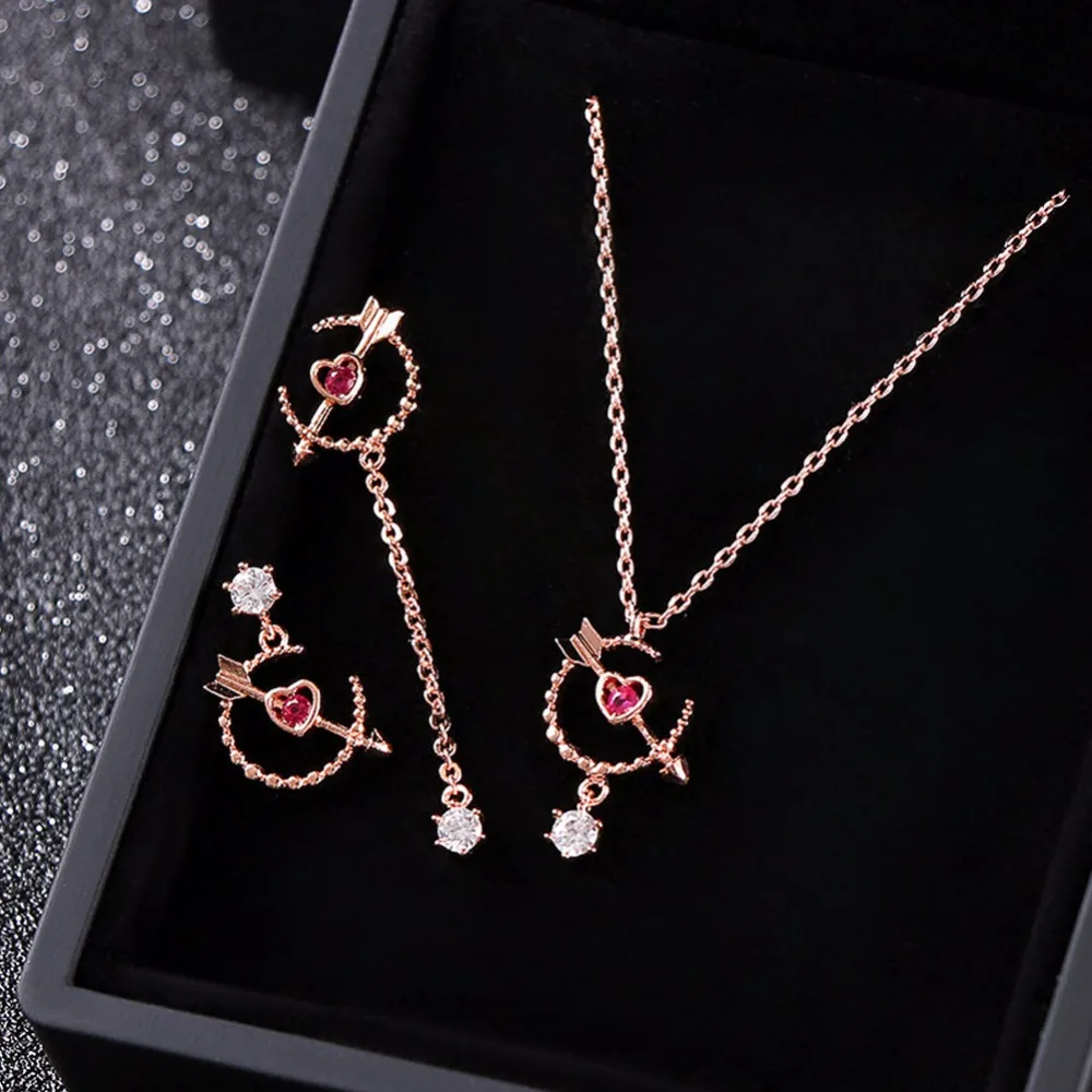 

925 Sterling Silver Hollow Out Heart Pendant Necklace Asymmetric Arrow Through Love Heart Earrings Romantic Jewelry Set Gift