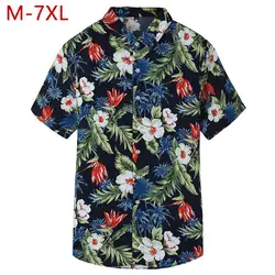 M-7XL плюс Размеры Лето Для мужчин s футболка с коротким рукавом Цветочный принт Гавайские рубашки Для мужчин Regular Fit отпуск цветочный Мужская