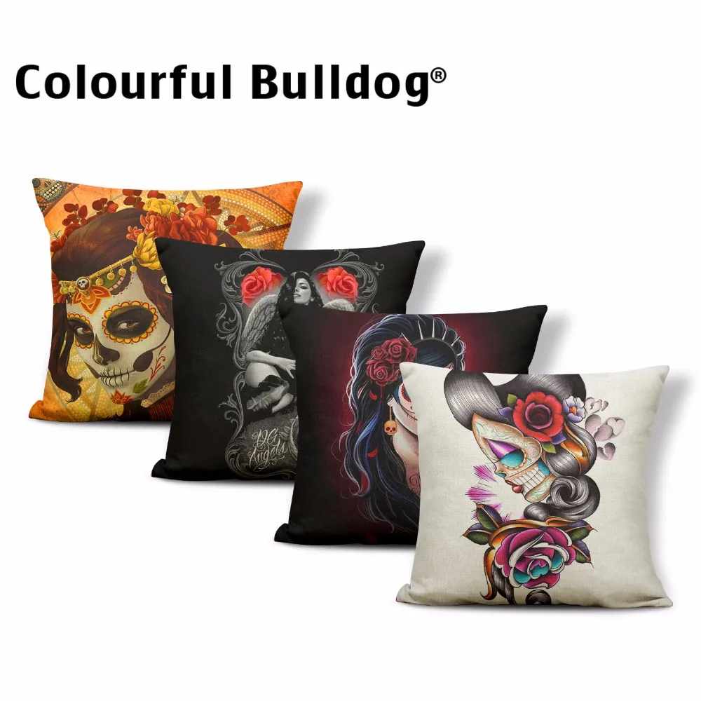 

Sugar Skull Flower Geometry Crowe Halloween Day Of The Dead Witch Cushion Cover Home Party Decorate 17In Burlap Throw Pillowcase