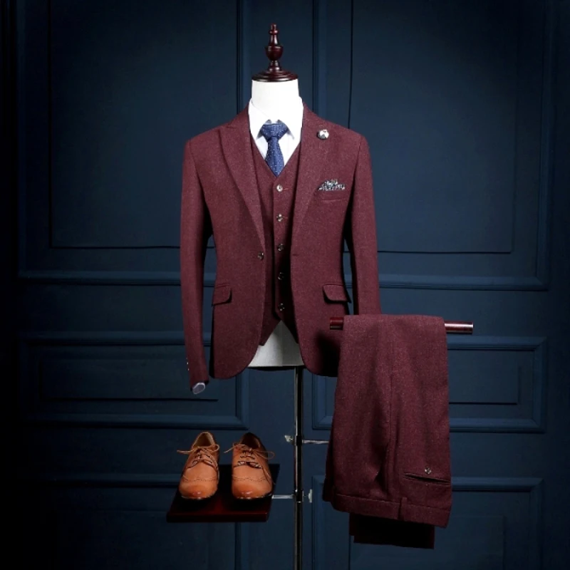 NA14 новинка, новейший дизайн, изготовленный на заказ, бордовый приталенный мужской пиджак, брюки, мужской костюм из 3 предметов(пальто+ штаны+ жилет), винно-красные мужские смокинги