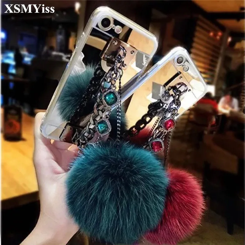 

XSMYiss For Samsung A3 A5 A7 J3 J5 J7 2017/2016 Version Prime Rhinestone Mirror bracelet fox Fur Ball Pompom Soft Phone Case