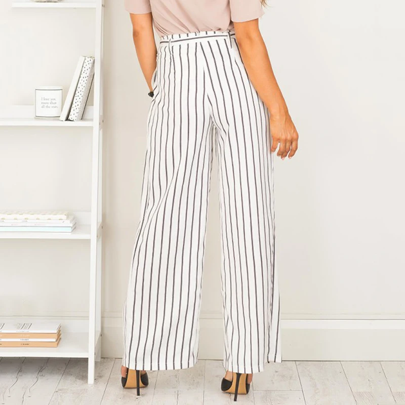 Women's high waist striped belt harem pants elastic waist wide leg long pencil trousers with side pockets Women's high waist striped belt harem pants elastic waist wide leg long pencil trousers with side pockets