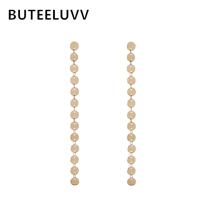 

BUTEELUVV Long Metal Sequin Drop Earrings for Women Minimalist Elegant Gold Geometric Tassel Hanging Earrings Fashion Jewelry