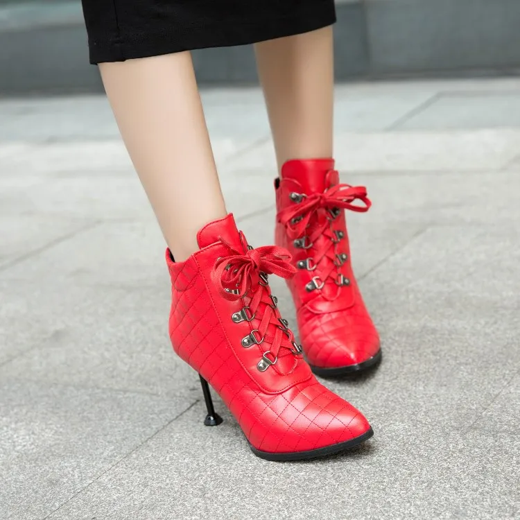 

Big Size 11 12 13 14 15 16 17 Fashion boots with pointed thin heel and high heel front lace, cross strap and short barrel
