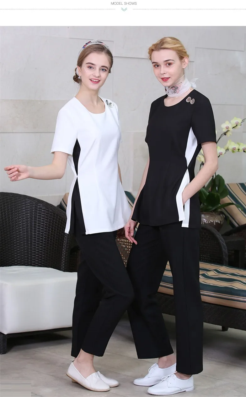 Новейший салон красоты спа-Униформа Женская белая блузка+ брюки набор Мода Чайный дом рабочая одежда черный жилет+ топ+ брюки комплект
