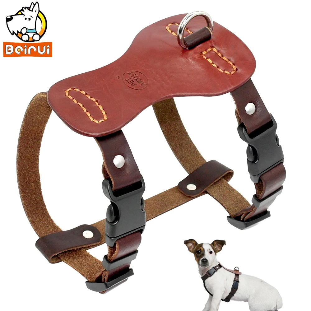Genuine Leather Dog Harness Step In Walking Training Harnesses Vest Adjustable For Small Medium Dogs Brown Color