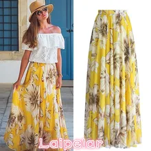 Модная женская летняя новая Повседневная пляжная юбка с цветочным принтом, шифоновая длинная юбка макси, BOHO Laipelar
