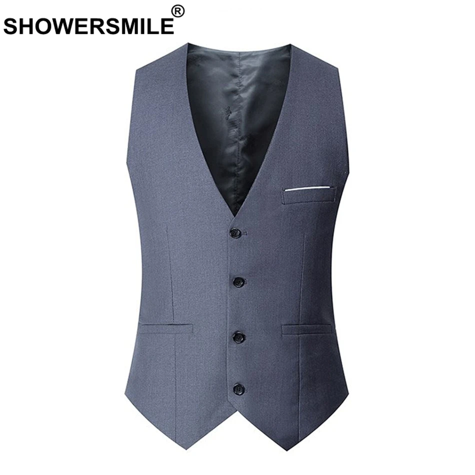 

SHOWERSMILE Suit Waistcoat Men Wedding Suit Vest 4xl Autumn Grey Sleeveless Jacket Polyester Solid Plus Size Gilet Male Clothing