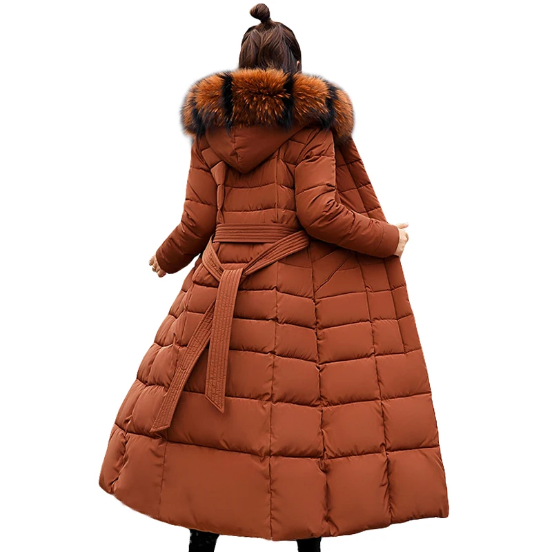 New Fashion X Long Solid Parkas with Belt Big Fur Hooded