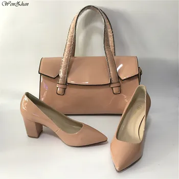

Top Grade Soft Thick Heel Shoes Match Handbag Patent leather high heel pointed toe pumps Match Women HandBags WENZHAN A96-10