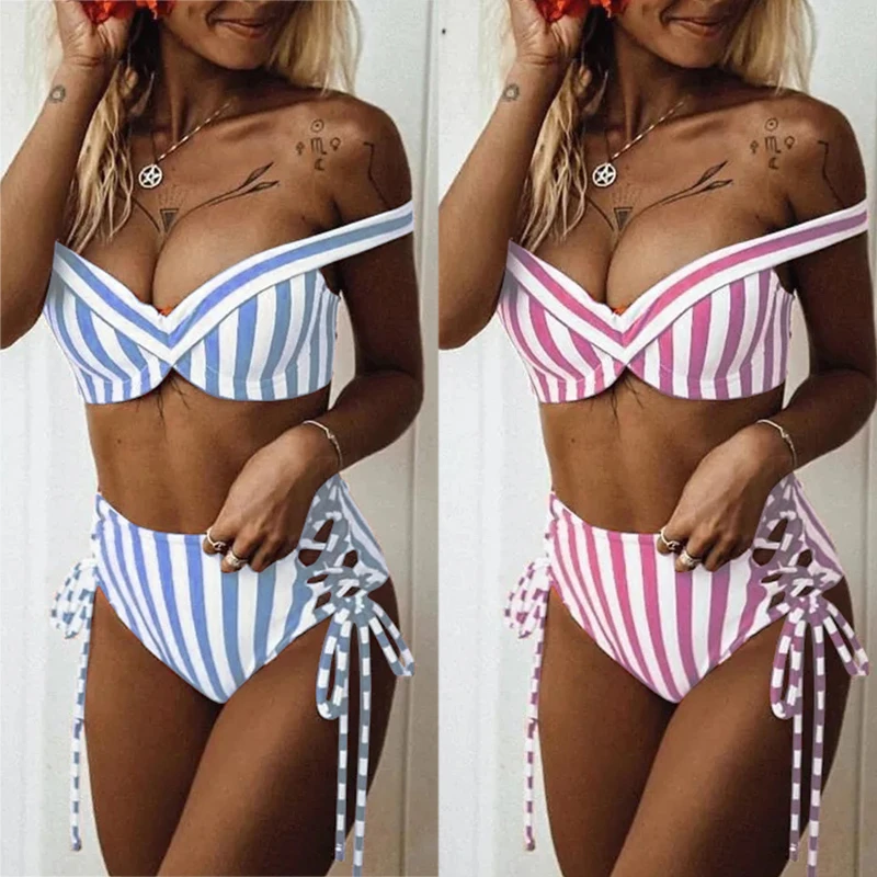 Traje de baño a rayas para mujer de cintura alta bikini set fuera del hombro traje de baño 2019 traje de baño Sexy de dos piezas arriba los bañistas