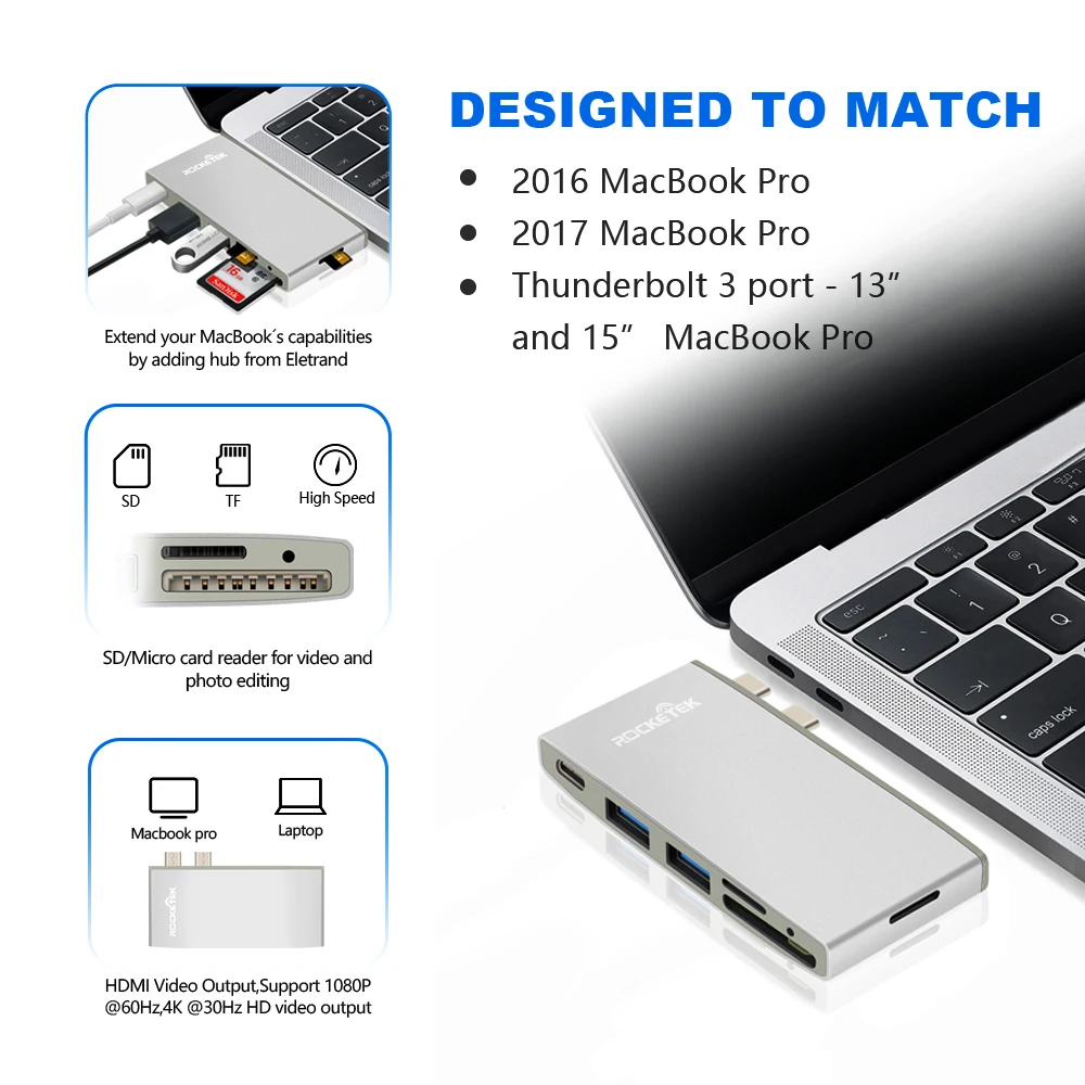 ROCKETEK Multi type-C 3,0 USB концентратор адаптер питания интерфейс разветвитель SD/TF кардридер для MacBook Pro ПК Аксессуары для ноутбуков