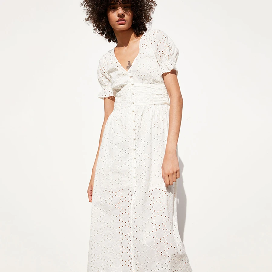 

TEELYNN white cotton lace dress floral Embroidery boho dresses vintage sexy v-neck puff Sleeve summer dresses long women dresses