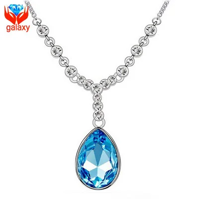 

High-end Evening Party Dress Accessories White Gold Color Blue Austrian Crystal Water Drop Pendant Necklace for Women ZN254