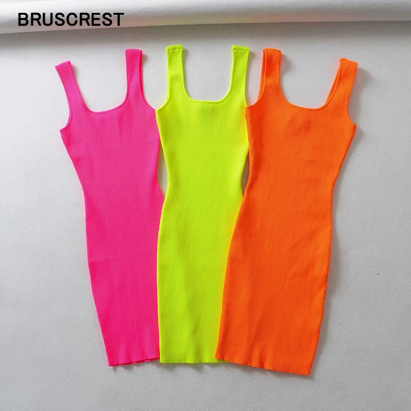 

2019 Summer Pink Neon Green Dress Women Ribbed Fluorescence Knit Bodycon Dress Tank Beach Casual Mini Dress Short Sundress