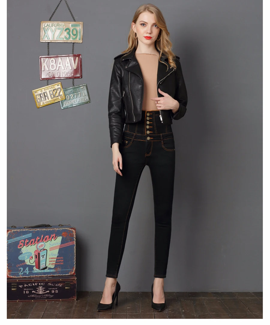 Winter Women Warm Jeans with Thicken Fleece Velvet Denim High Waist front Button back Strap Design Pencil Pants Plus Size S-6XL (26)