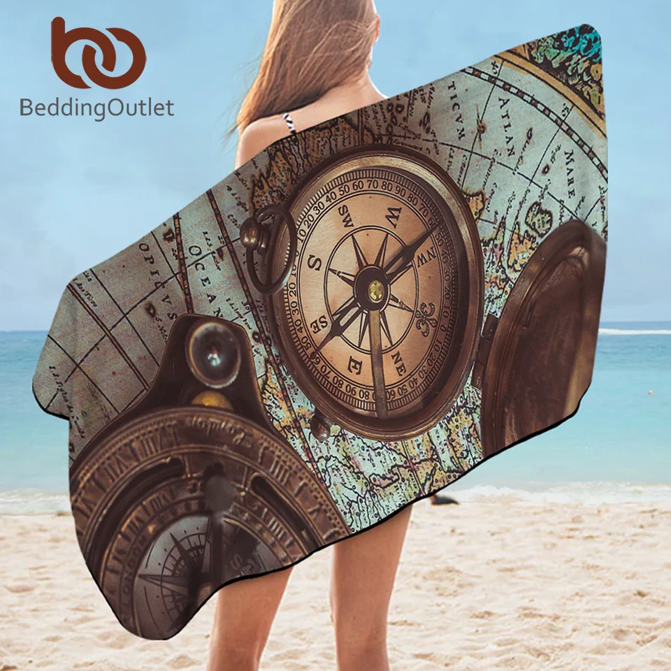 

BeddingOutlet Compass Bath Towel World Map 3D Print Beach Towel for Kids Adults Retro Style toalla Blue Brown Blanket 75x150cm