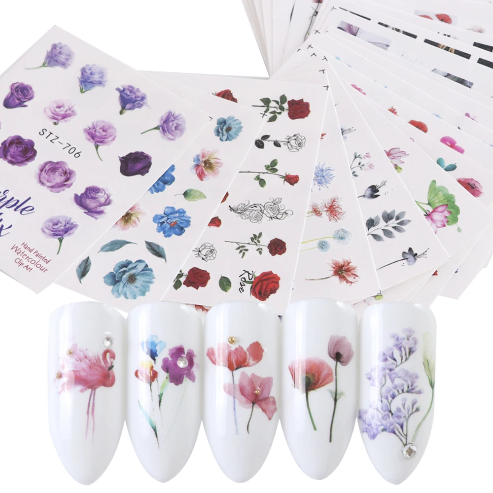24pcs Watercolor Floral Flower Sticker Nail Decal Set Flamingo Letter Design Gel Manicure Decor Water Slider Foil CHSTZ683-706-1 - Image 2
